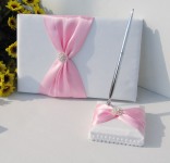 Pink Bow Diamante Stud White Wedding Guest Register Book + Pen & Holder
